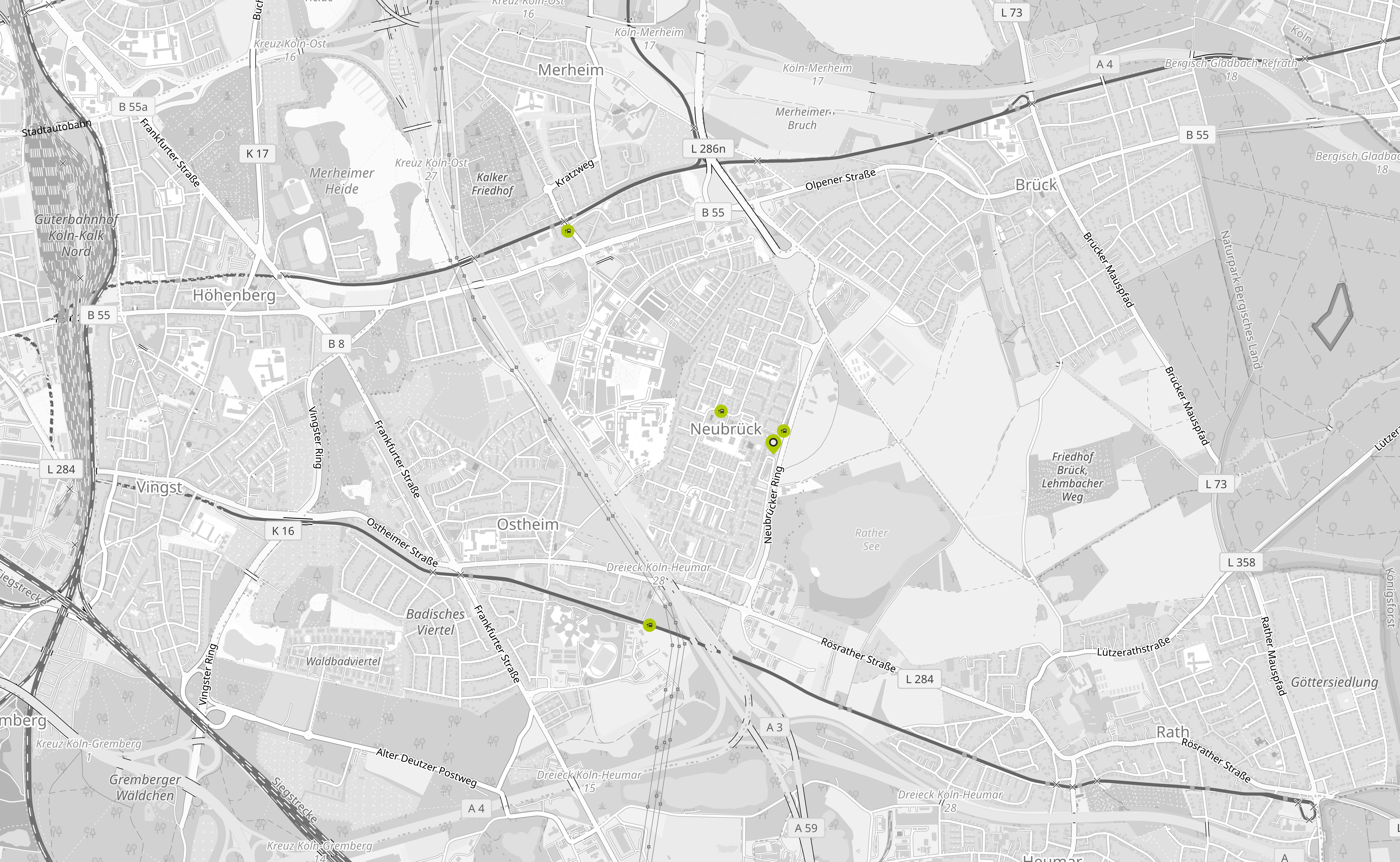 Eine graue Straßenkarte zur Übersicht mit einem Ausschnitt von Köln Neubrück.
